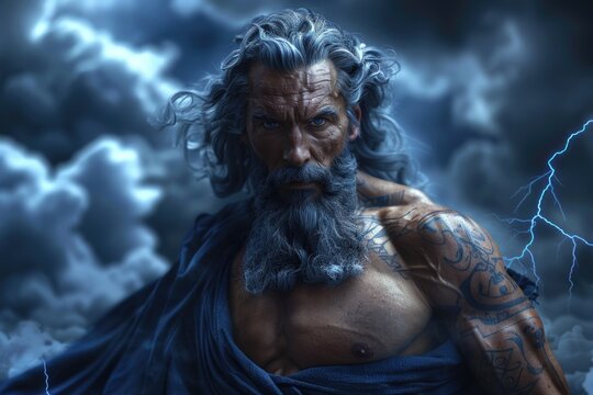 Supreme Deity: Zeus, Greek god of heavens, thunder and lightning, ruler of cosmos, chief of Olympian gods, equated with Jupiter in Roman mythology, embodying ultimate power, dominion over the world.