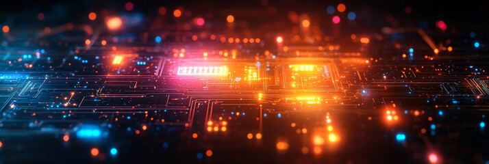 Obraz premium Abstract digital circuit board with glowing lights.