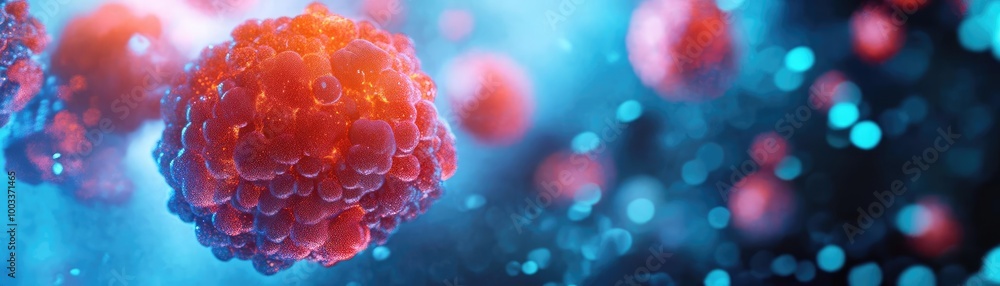 Poster vibrant representation of a cell in a microscopic view, showcasing biological structures against a c