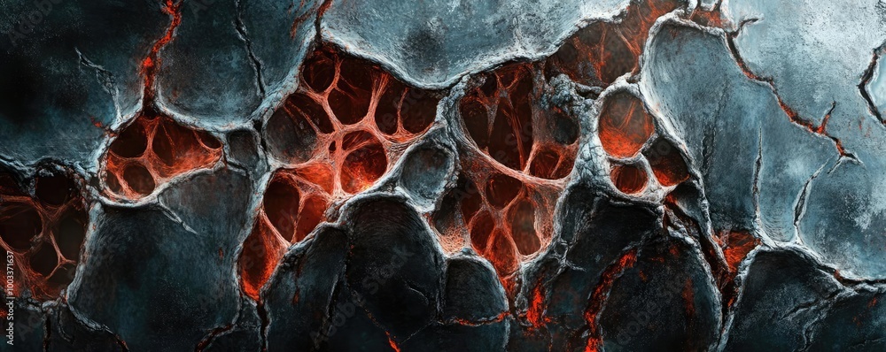 Poster abstract texture featuring cracked surface with glowing red veins. perfect for themes of depth and i