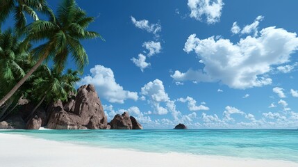 Tropical Beach Paradise with Palm Trees  Rocks  and Blue Sky