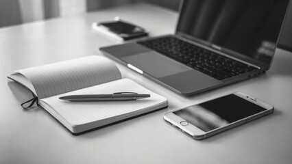 A minimalist workspace with a laptop, a smartphone, a notebook, and a pen placed on a white desk. 