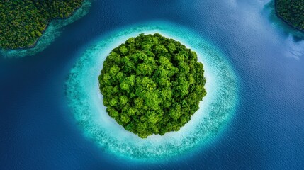 Aerial View of Tropical Island with Lush Greenery and Turquoise Water
