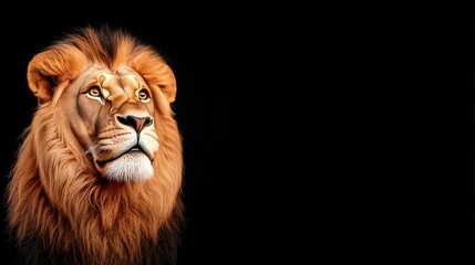 Fototapeta premium Majestic Lion Portrait Against Black Background Wildlife King of the Jungle Powerful