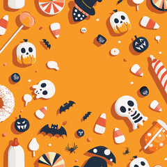 Fototapeta premium Flat lay Vector Illustration Halloween party elements with orange background, Happy Halloween 