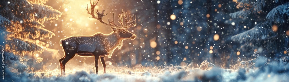 Poster A serene reindeer standing majestically in a snowy forest, illuminated by soft light, creating a magical winter atmosphere.