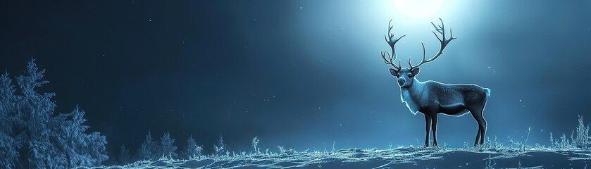 A serene reindeer stands majestically in a snowy landscape under a glowing moon, evoking a sense of tranquility and wonder.