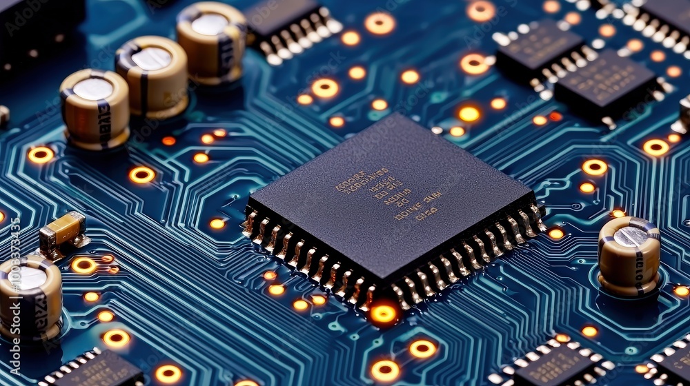 Poster close up of illuminated blue circuit board with microchip and components