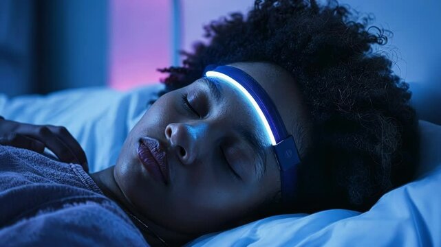 Young woman is sleeping soundly in bed, wearing a futuristic headband emitting a blue glow, suggesting brainwave entrainment for enhanced sleep quality