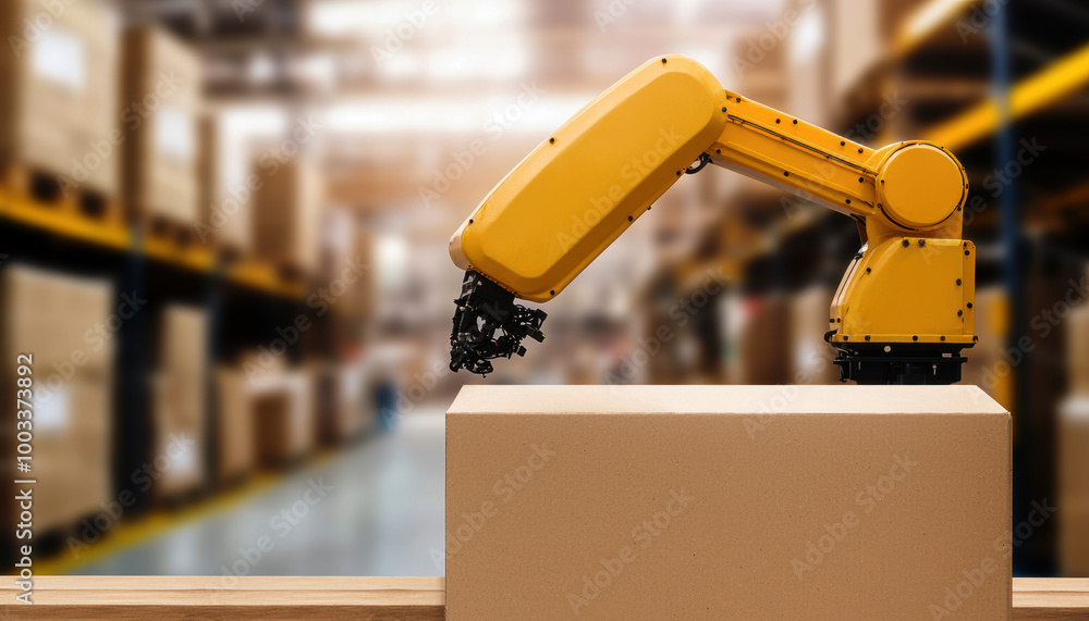 Poster automated robotic arm in a warehouse, handling packages with efficiency.
