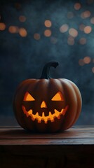 Glowing jack-o'-lantern on wooden table