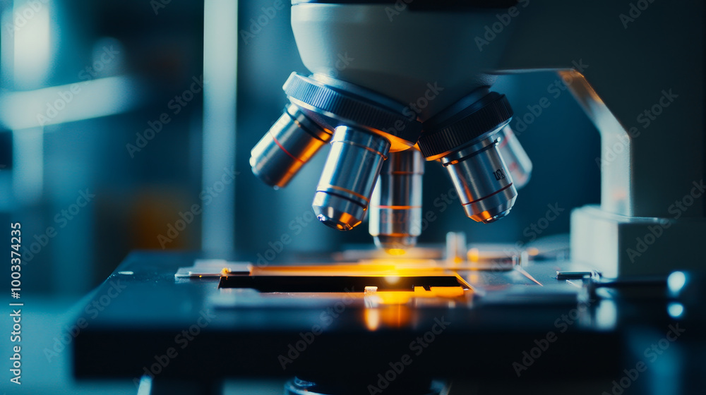 Poster a close up view of high powered microscope with illuminated lenses, showcasing intricate details of 