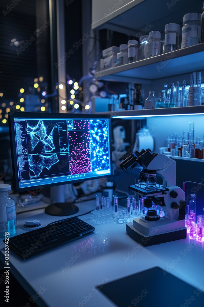 Aufkleber a modern laboratory setup for medical research featuring microscope, computer screen displaying data