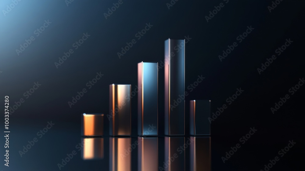 Poster a sleek, futuristic 3d bar graph with metallic bars rising from a reflective surface, set against a 