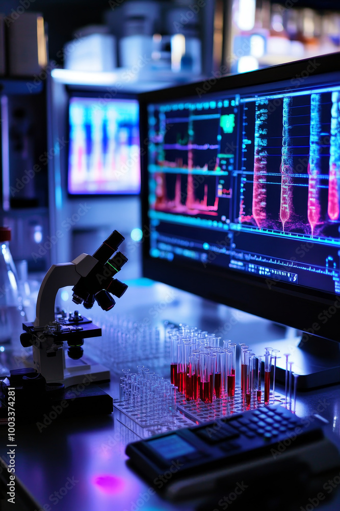 Poster a modern bio lab setup for medical research featuring microscopes, test tubes, and advanced computer