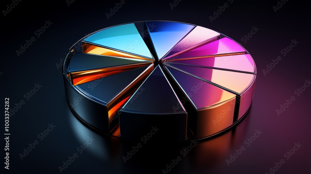 Poster a sleek metallic 3d pie chart with separated slices, each segment reflecting light differently, set 