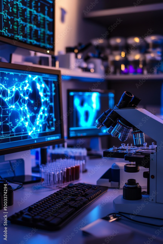 Poster a modern laboratory setup for medical research featuring advanced microscopes and computer screens d