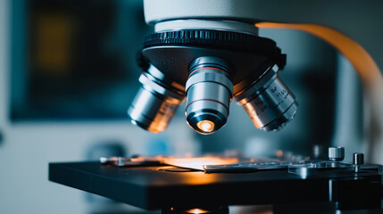 A high powered microscope is focused on sample, showcasing intricate details of scientific research. lighting highlights precision of equipment used in laboratories