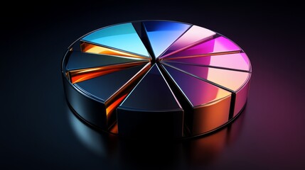 Obraz premium A sleek metallic 3D pie chart with separated slices, each segment reflecting light differently, set against a dark gradient background for a high-tech feel