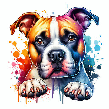 Peeking american staffordshire terrier dog with watercolor background, bully breed graphic design element