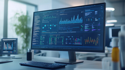 A modern computer screen displaying detailed medical reports and analytics, showcasing various graphs and data visualizations in bright office environment