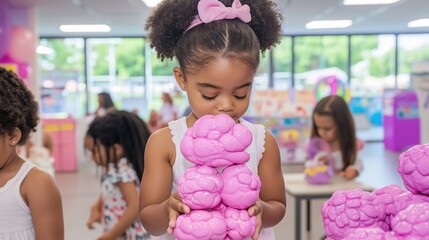 A focused child skillfully stacking colorful toy animals in a vibrant classroom filled with playful friends during a lively activity
