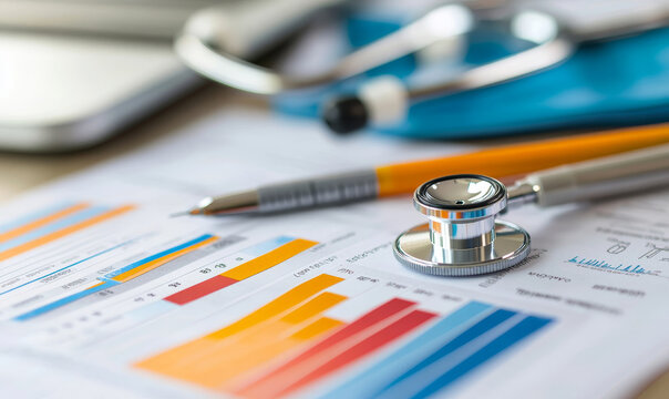 A comprehensive view of medical report featuring diagnostic charts, stethoscope, and pen, reflecting importance of health data analysis and patient care