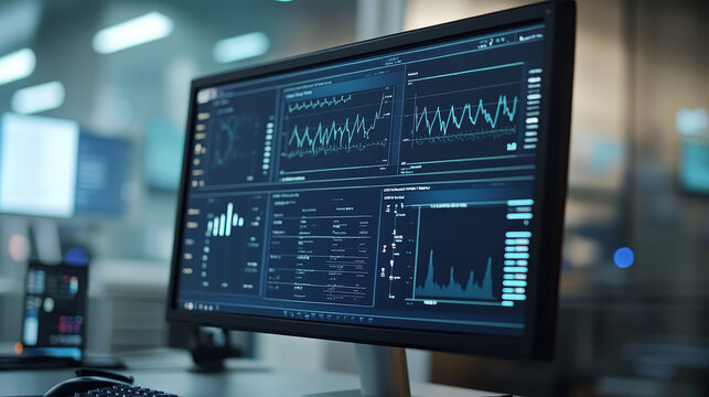 A computer screen displaying detailed medical report with various graphs and data visualizations, showcasing vital signs and health metrics in clinical environment