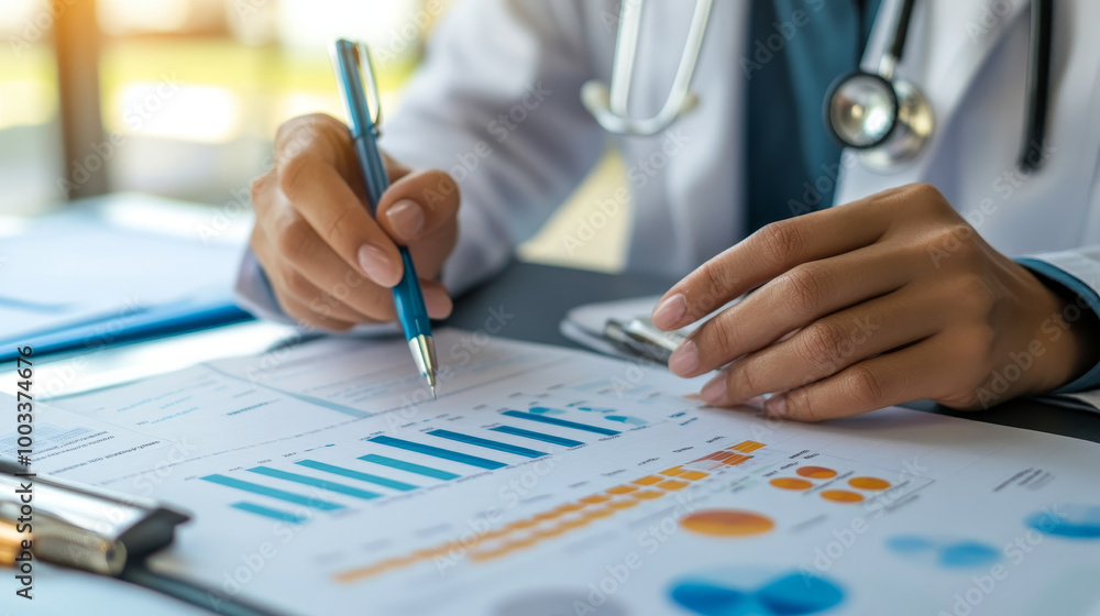 Poster healthcare analyst creating detailed graphs from diagnostic data, showcasing analytical skills and a