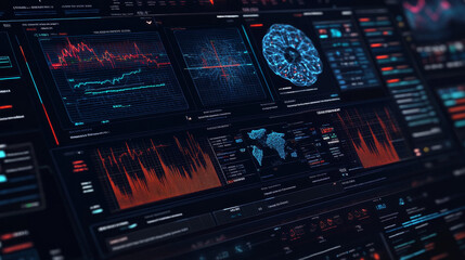 High tech data analysis dashboard displaying diagnostic test results, graphs, and charts. vibrant colors and intricate designs convey sense of advanced technology and healthcare insights