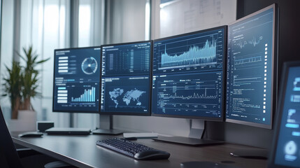 Data analysis and visualization are crucial in healthcare, showcasing diagnostic test results on multiple screens. This modern workspace emphasizes technology and efficiency
