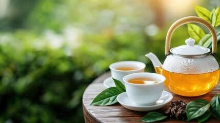 Tranquil Tea Ceremony with Teapot and Cups on Wooden Table in Nature