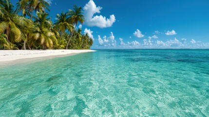 Fototapeta premium Tropical Beach Paradise White Sand Crystal Clear Water Palm Trees Blue Sky Vacation