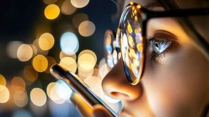 Fototapeta premium Tired Young Woman Staring at Smartphone at Night