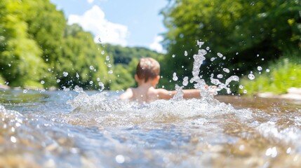 Fototapeta premium A joyful child splashes barefoot in a peaceful stream surrounded by lush trees in a sunny park on a warm day