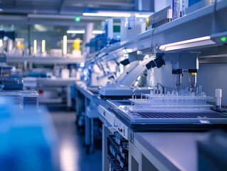 A biology research facility equipped with cutting-edge instruments, where scientists investigate cellular and molecular biology.
