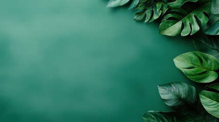 Fototapeta premium Lush Green Tropical Leaves Border on Emerald Background