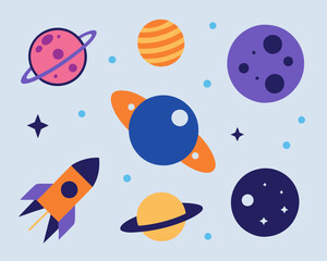 A whimsical illustration of a colorful space scene featuring planets, stars, and a rocket, perfect for adding a touch of fun to your designs. This cute graphic is ideal for kids' products, projects.