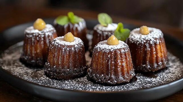 Caneles topped with powdered sugar, creating a contrast between the dark caramelized exterior and the light dusting, canele, classic French pastry