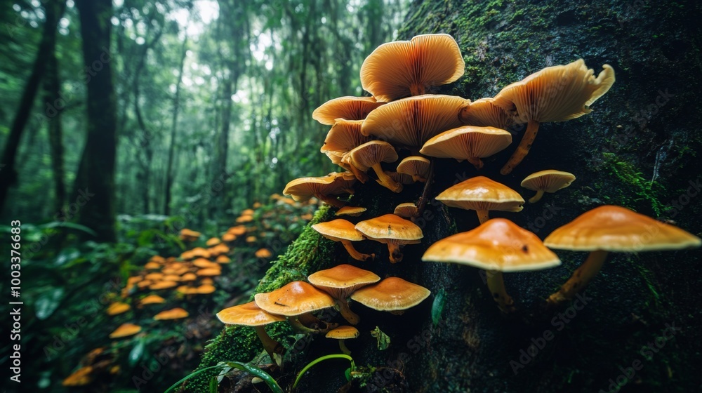 Aufkleber a stunning photograph of mushrooms growing on the side of a tree trunk in a dense forest, highlighti