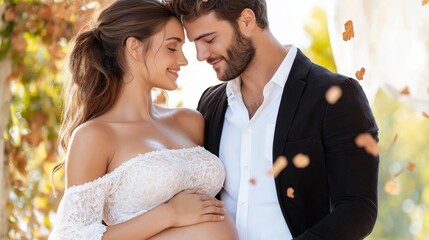 A loving couple enjoying a serene autumn day in the park, celebrating the joy of impending parenthood together
