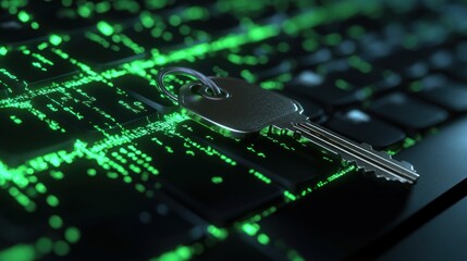 Fototapeta premium A key rests on a keyboard, surrounded by digital green data streams, symbolizing cybersecurity.