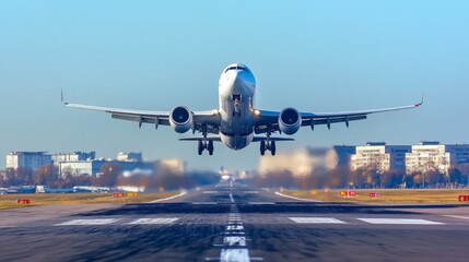 Obraz premium A stunning view of an airplane taking off against a clear blue sky, with its wheels lifting off the runway and the airport buildings in the background, capturing the thrill of flight.