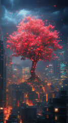 Fototapeta premium A glowing, pink tree stands tall in the middle of a cityscape, with lights twinkling all around.
