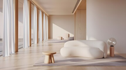Bright Minimalist Living Room: Hyperrealistic Photo of a Modern Interior with White Sofa, Light Wood Accents, and Warm Earth Tones Illuminated by Natural Light