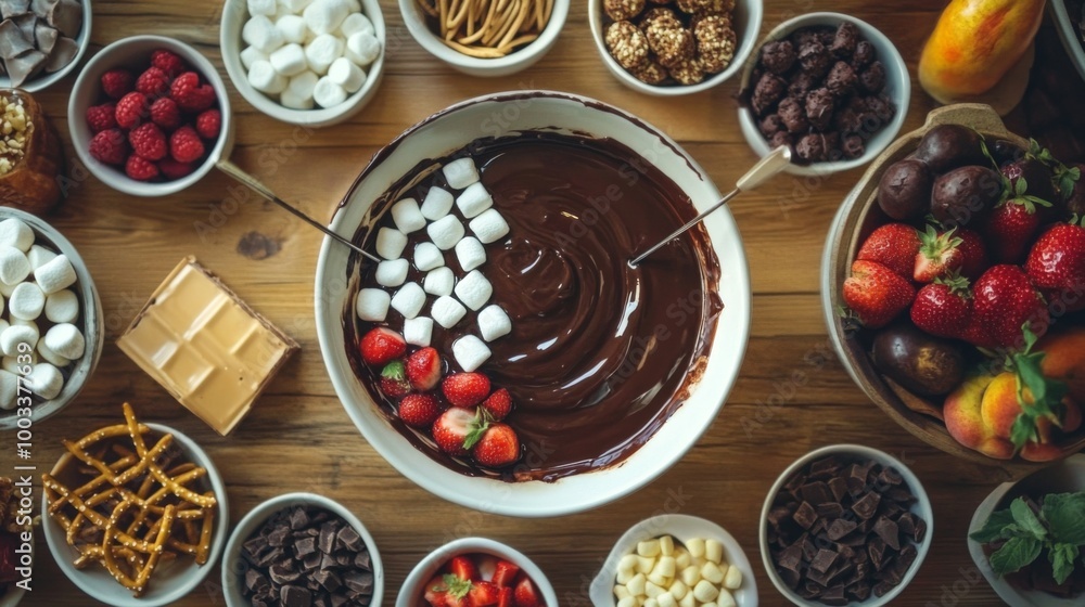 Poster a top-down view of a chocolate fondue setup, complete with various dippables like fruits, marshmallo