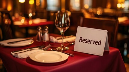 A reserved dining table set with glassware and utensils in an elegant restaurant.