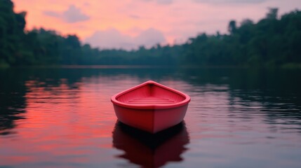 Obraz premium Red Rowboat on a Calm Lake at Sunset