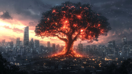 A glowing tree stands tall over a city at sunset.