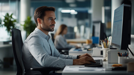 Fototapeta premium Diligent Office Male Worker in Front of Computer. Job and Profession Portrait Concept.